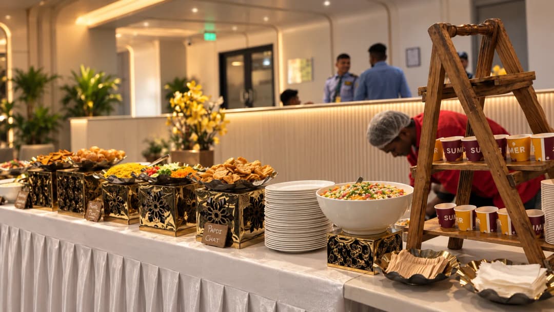 A prepared workplace buffet counter with snack dishes on decorative gold stands, set up in an office.
