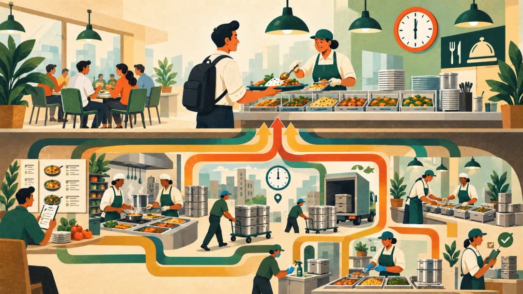 Illustration of a meal served on time at the 12:30 cafeteria counter, with menu planning, preparation, dispatch and setup shown as the operation underneath.