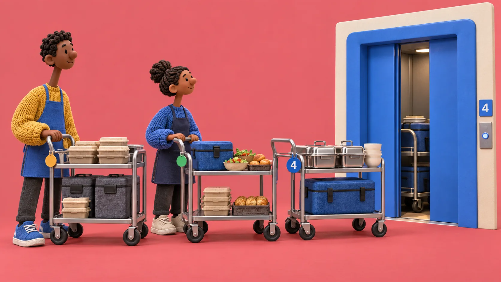 Representative illustration: two service staff wheeling food carts toward a single lift marked with the number four.
