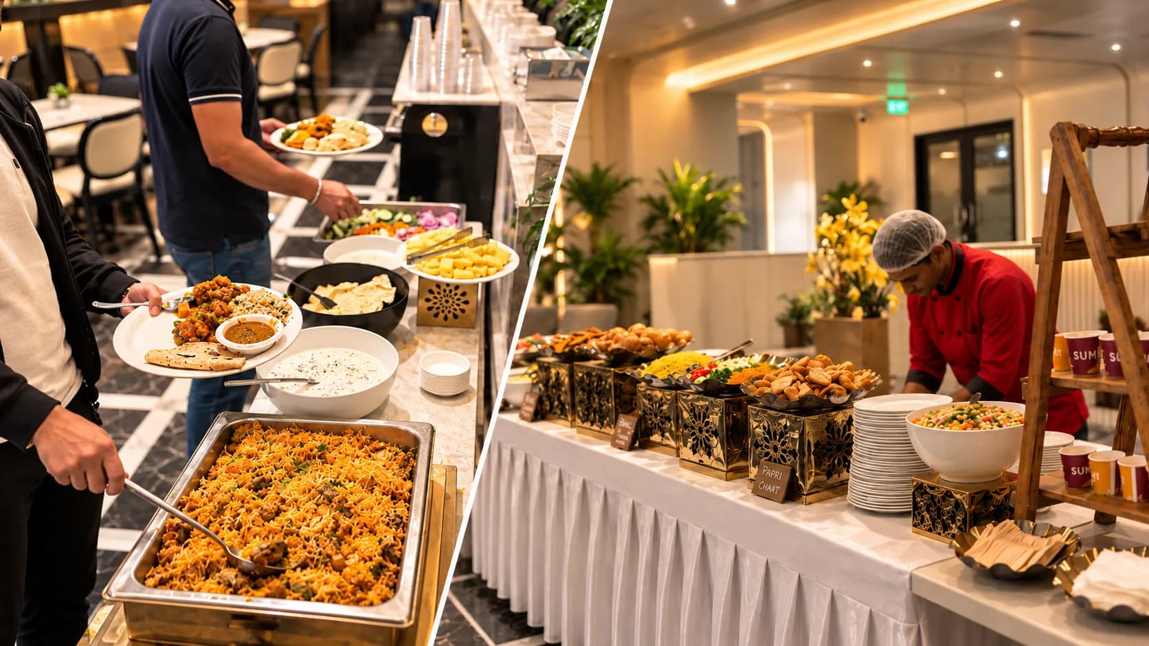 Two views of a workplace lunch: on the left, a person serving a plate from a tray of biryani beside rice, curry and raita; on the right, a chef in a red uniform preparing a snack counter.