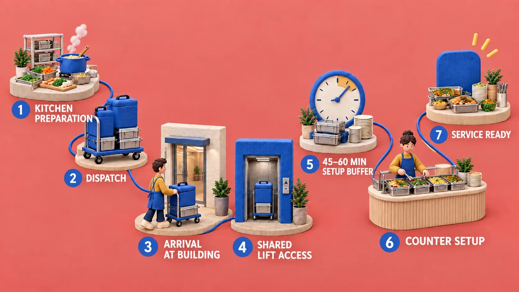 Representative process diagram in seven steps: kitchen preparation, dispatch, arrival at the building, shared-lift access, a 45–60 minute setup buffer, counter setup and service ready.