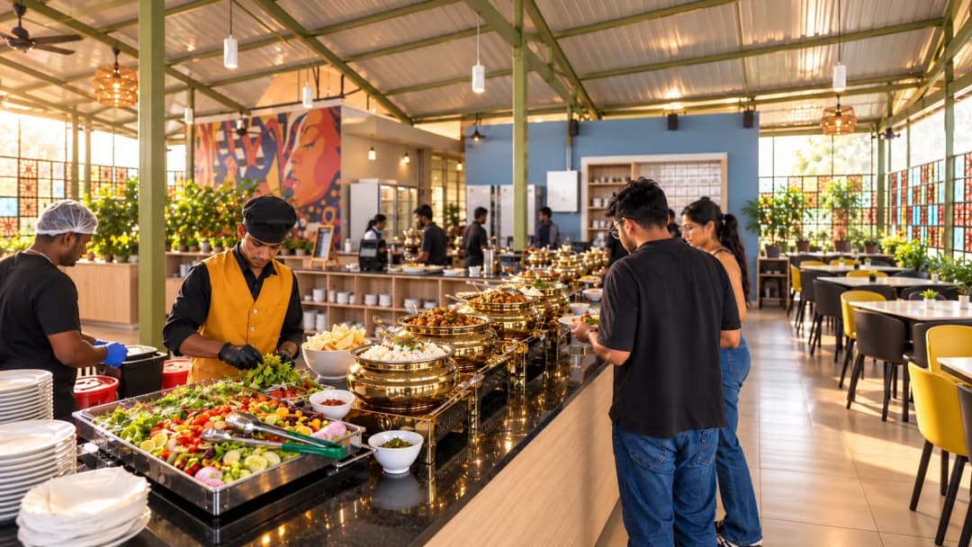 A Lifesight workplace lunch counter with staff serving employees from gold chafing dishes.