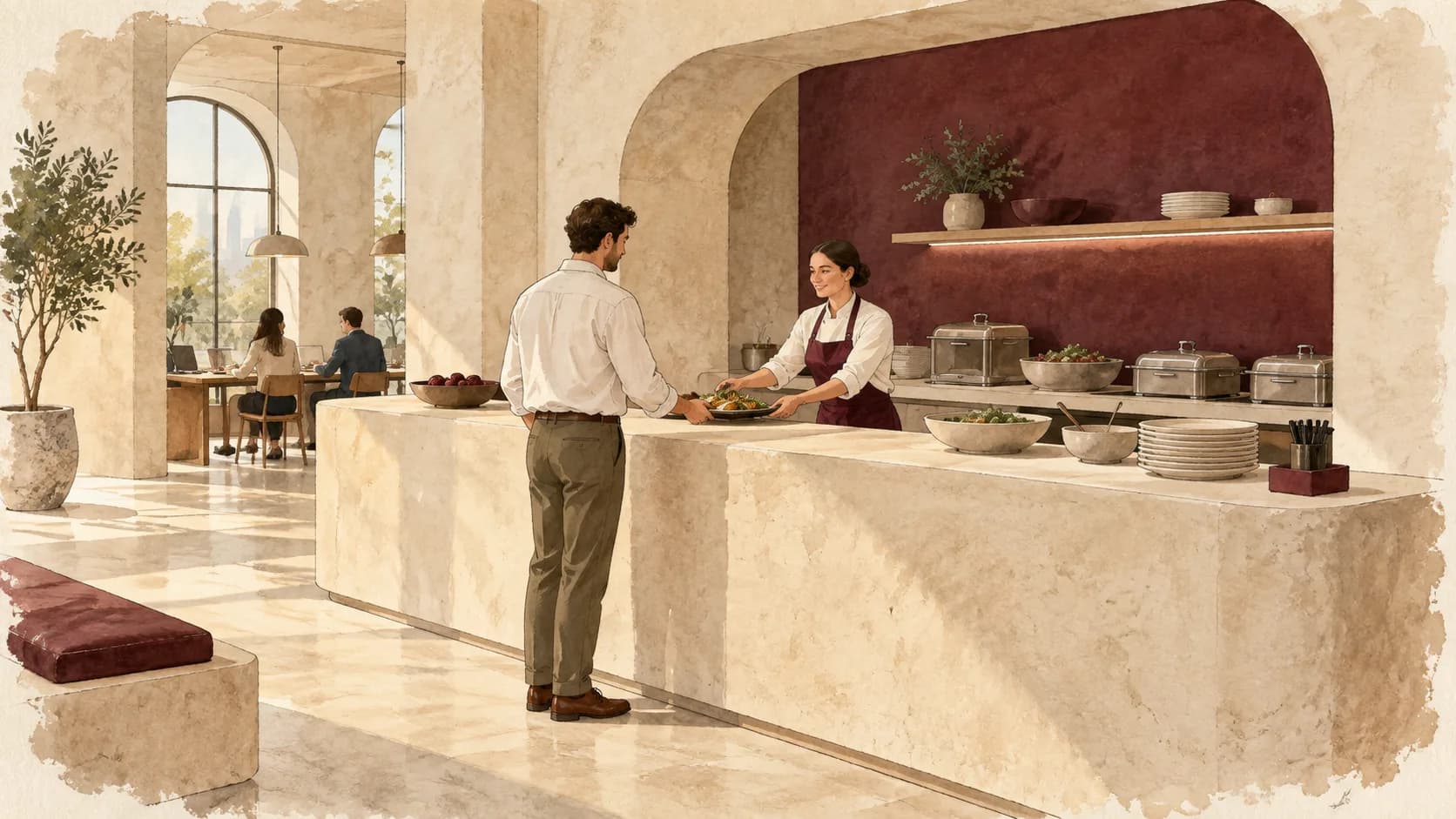 Representative illustration: an employee receiving a plate from a staff member at a workplace lunch counter, with chafing dishes and a dining area behind them.