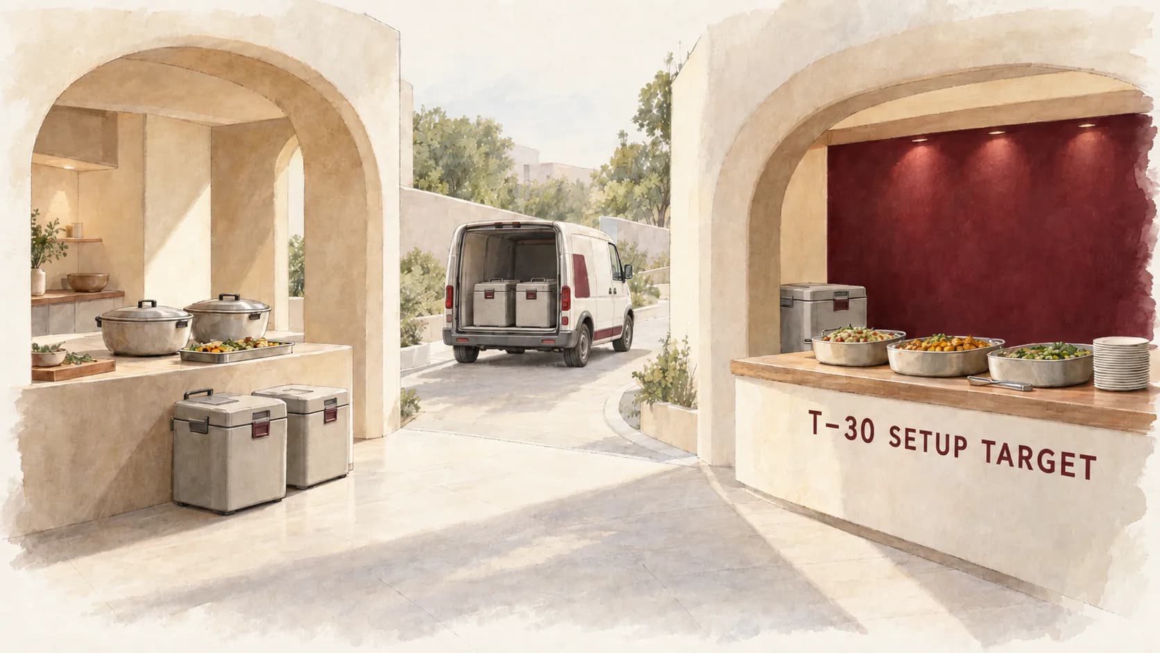 Representative illustration in three parts: kitchen preparation, insulated transport by van, and a counter labelled 'T-30 setup target'.