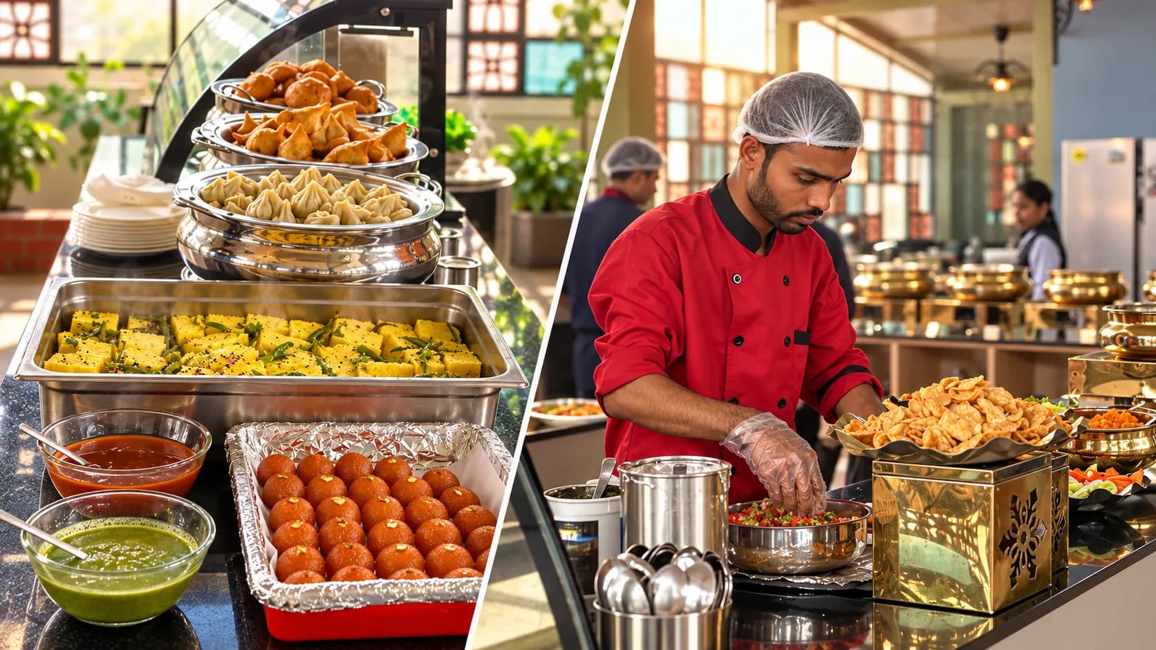 Two views of a Lifesight lunch: on the left, a spread of samosas, momos, dhokla and gulab jamun; on the right, a chef in a red uniform preparing a dish at a live counter.