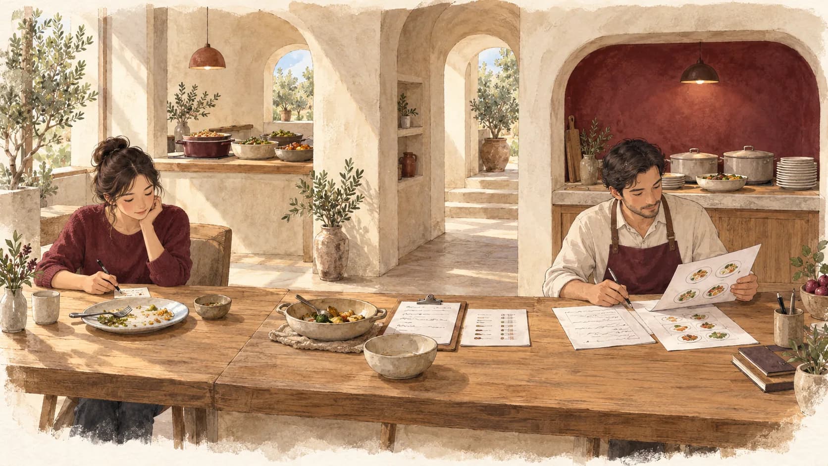 Representative illustration: two people reviewing feedback notes and menu sketches near a kitchen counter.