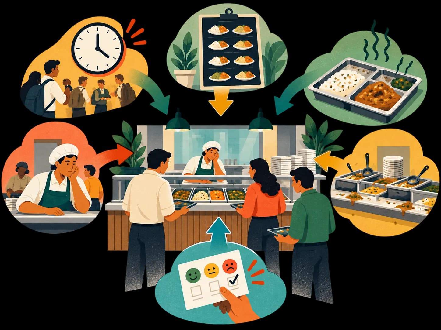 Timing, menu, food quality, presentation, staff conduct and feedback converging on one workplace-food operation.