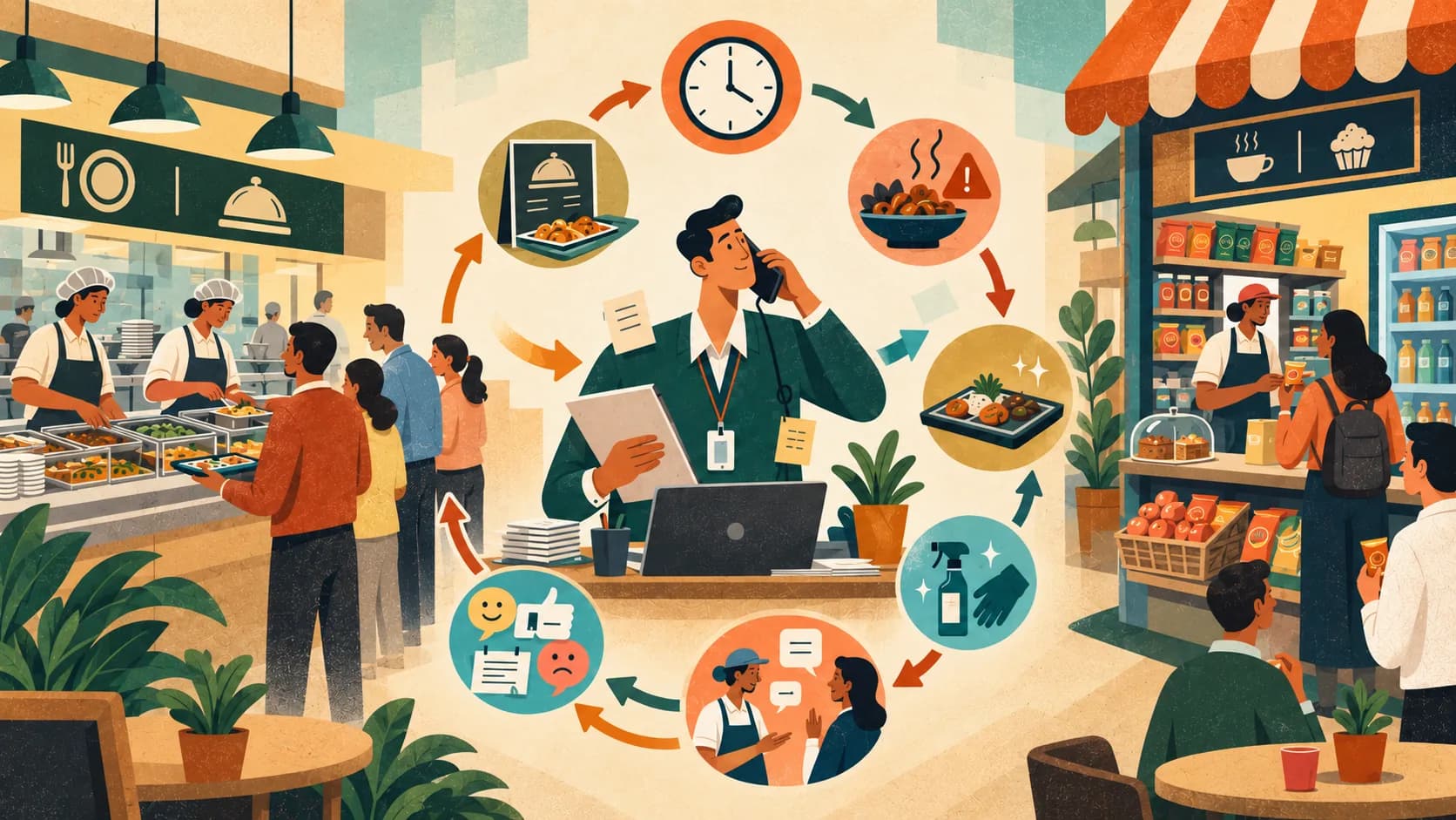 Recurring workplace-food problems — timing, menu, quality, presentation, staff and feedback — coordinated into one operating system across the cafeteria and the tuck shop.