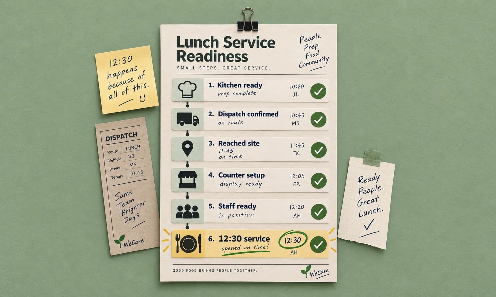 A representative lunch-service readiness record — kitchen ready, dispatch confirmed, reached site, counter setup, staff ready, and 12:30 service opened on time.