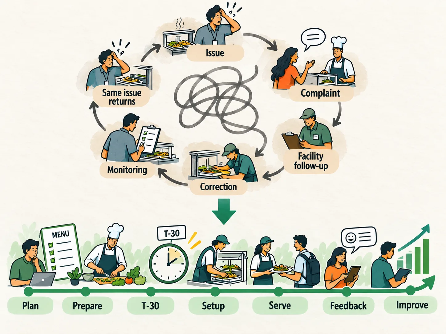 Before: fragmented execution — a loop of issue, complaint, follow-up, correction and recurrence. After: one coordinated sequence — plan, prepare, T-30, set up, serve, feedback, improve.