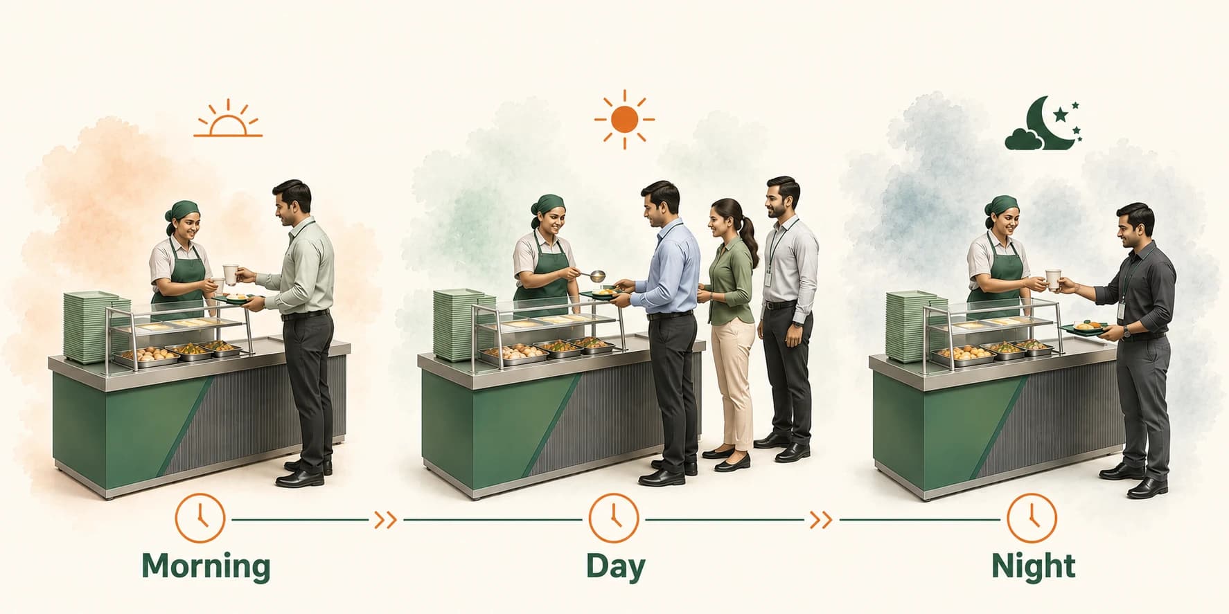 Diagram of shift and meal-window bands across one workplace